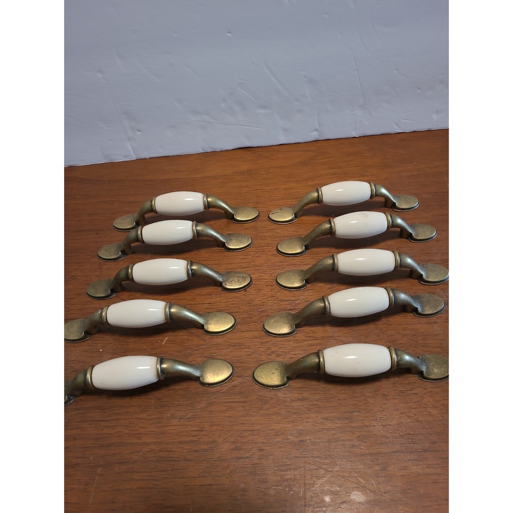 Vintage 10 Drawer Cupboard Pulls White Porcelain And Brass 5" Long C To C 3"
